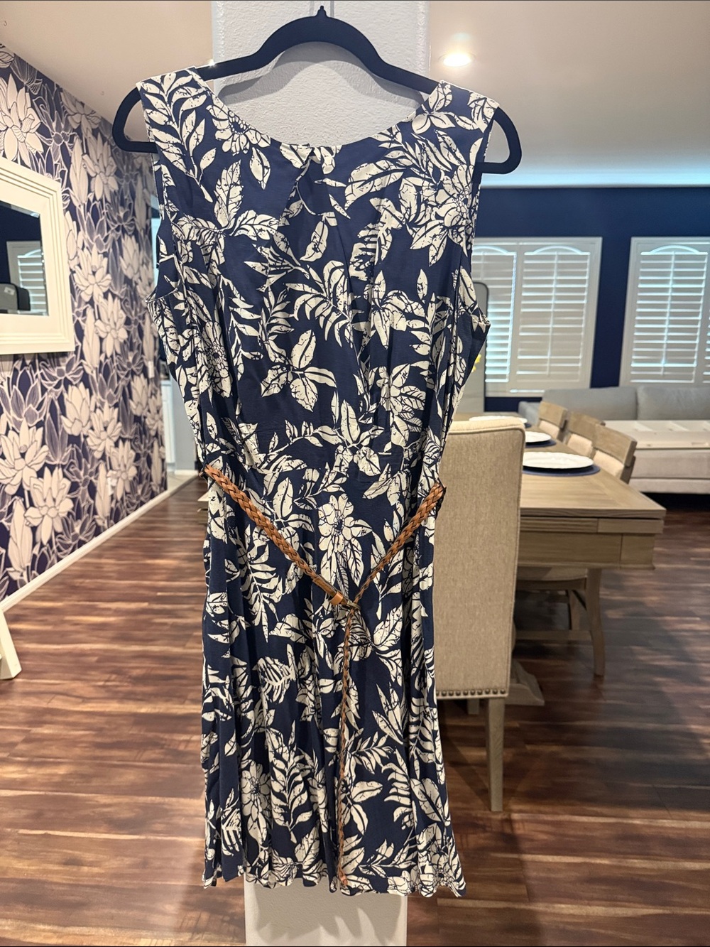 AB Studio Navy and White Floral Midi Dress with Braided Belt